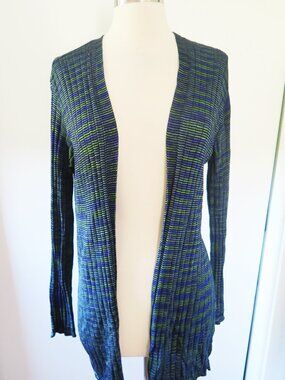MISSONI Striped Knit Cardigan Sweater Open Front Sz S Blue Green and Black
